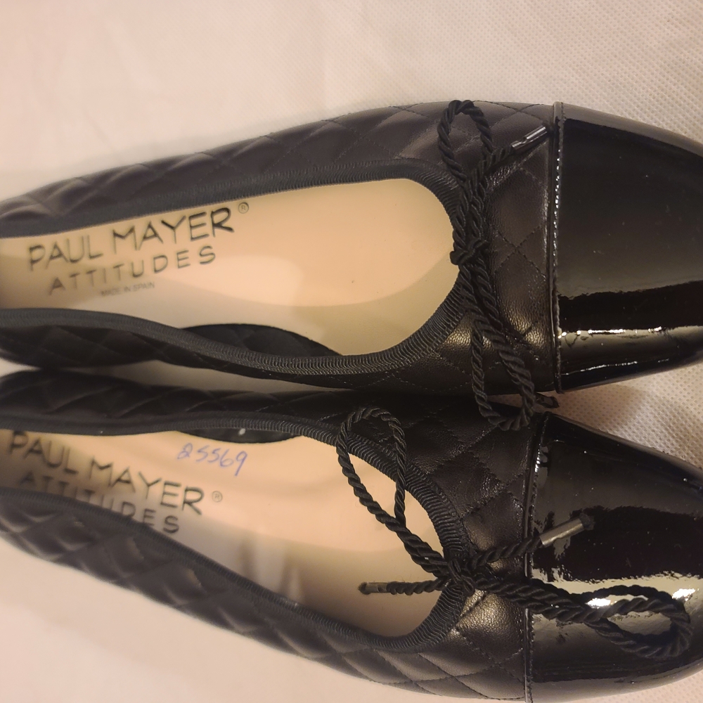 Paul Mayer Black Quilted Leather Ballet Flats with Patent Toe